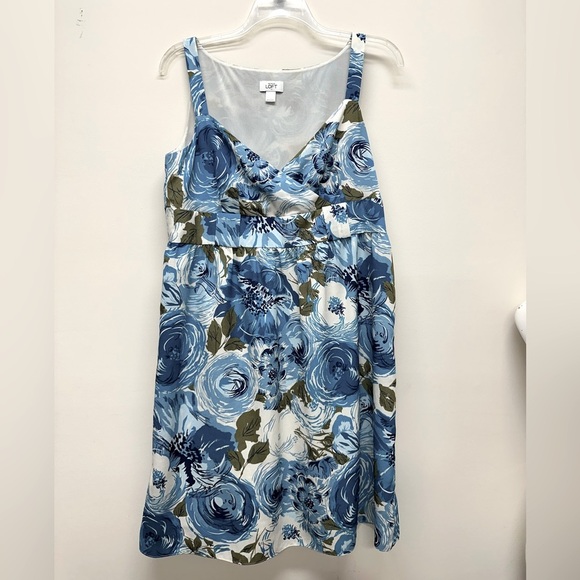 Loft Women’s Dress Sleeveless Sz 14 Empire Waist Floral Blue Sundress - Picture 1 of 6